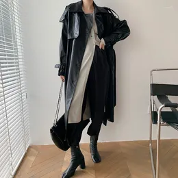 Women's Trench Coats Korea Runway Designer 2023 Fall /Autumn Leather Maxi Long Coat With Belt Chic Female Windbreaker Classic