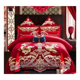 Bedding Sets Luxury Set Dragon Phoenix Embroidery Red Chinese Style Wedding 100 Cotton 4/6Pcs Princess Bedclothes Duvet Er Bed Sheet Dhqnd