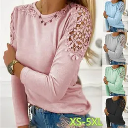 Women's TShirt Tshirt Fashion Lace Sleeve Round Neck XS5XL Casual Loose Soft Solid Color Top 230110