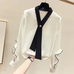 Women's Blouses & Shirts Color Matching V-neck Lace Chiffon Shirt Long-sleeved Spring And Autumn Style Korean Fashion Design Casual