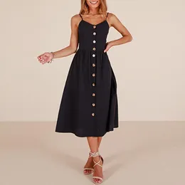 Lässige Kleider 2023 Sommer Ladies V-Ausschnitt Druckknopf Offener Pocket Sling Long Kleid mehrfarbige sexy Party