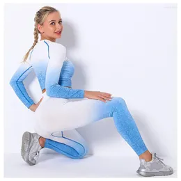 Gymkläder Summer Women's Sportswear Suit Sexig Gradient Färgning Hög midja Höftbyxor Sömlös Yoga Fitness Jogging Sports 2-stycksuppsättning