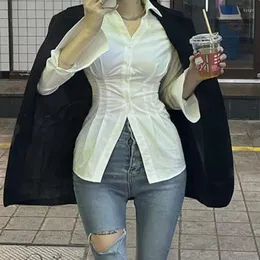 Blusas femininas y2k button colheita de cima de manga cheia blusa casual colar gola retro elegante cardigan women coreset tee coreana