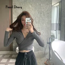 Women's TShirt Pearl Diary Women Spring Autumn Solid Color Vneck Crossover Strap Retro Sexy Long Sleeve Fashion Knitting Top 230206