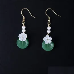 Silver Sterling Sier 925 Jewelry New Handmade Natural Pearl Shell Cherry Flower Earrings Sweet Green Coloured Glazed Dangle Drop Ear Dh4C9