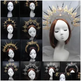 Akcesoria do włosów gotycka lolita tiara pałąk na głowę DIY Pakiet materiału Halloween Vintage Sun Goddess Baroque Halo Headpiece Partie Dhadm