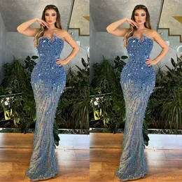 Blue Evening Dresses Sleeveless Bateau 3D Lace Strapless Beaded Exquisite Appliques Sequins Floor Length Celebrity 3D Lace Hollow Prom Dresses Gowns Party Dresses