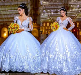 2023 glitzernde Brautkleider mit floraler Spitze und Applikationen, lange Ärmel, U-Boot-Ausschnitt, hohler Rücken, Ballkleid, Brautkleid, Party, formelle Damen