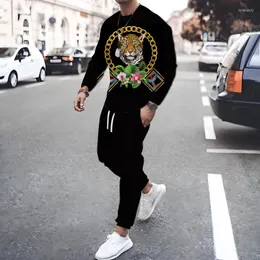 Мужские спортивные костюмы осенний мужская футболка с длинным рукавом наряд Black Leopard Graphic 3D Print Street Fashion Sportswear