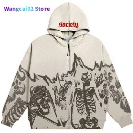 Men's Hoodies Sweatshirts Y2K Men Hoodies Autumn Retro Skeleton Print Zipper Oversized Sweatshirt Streetwear Harajuku High Street 011023H