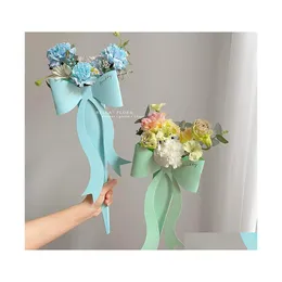 Caixa de embalagem de flores de buquê único embrulho com bouquet com bowknot dia dos namorados dobrando suprimentos portáteis DIY Drop Drop Home Garden Fe Dh86r