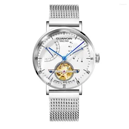 Armbandsur guanqin skelett Tourbillon Mechanical Watch Men Automatic Business rostfritt stål handledsklockor Reloj Hombre 2023
