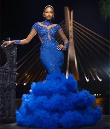 ASO EBI Royal Blue Mermaid Evening Dreess Tiered Ruffles Long Sleeves 정식 드레스 아플리케 레이스 구슬 높은 목 리셉션 가운 맞춤형 무도회 마모