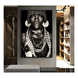 Paintings African Wall Art Primitive Tribal Women Canvas Painting Modern Home Decor Black Woman Pictures Print Decorative Mural202W Dhwpx