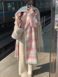 女性のニットティー冬虹のウールオーバーコート女性カジュアル格子縞の長いコートオフィスレディY2K衣類韓国ファッショントレンチジャケット230111