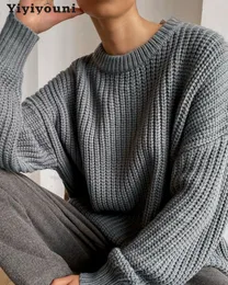 Kadın Sweaters Yiyiyouni Vintage büyük boyutlu örgü kadınlar zarif kalın gevşek kazaklar kadın Kore Moda Katı Üstler 230111