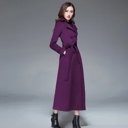 Women's Wool Blends Women Autumn Winter Purple Long Coat Belt Double Breasted Silm en Warm Overcoat England Style Female Trench Outerwear 230111
