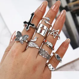 Bandringe Modeschmuck Knuckle Ring Set Retro Übertriebenes Kreuz Frosch Pfau Schmetterling Schrei Gesicht Riesiges Herz Stapeln Midi Sets Dr Dhh3P