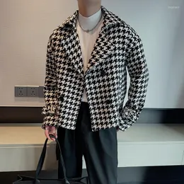 Men's Jackets Men Houndstooth Double-breasted Woolen Plaid Jacket Korean Streetwear Net Celebrity Fashion Show Vintage Coat Male