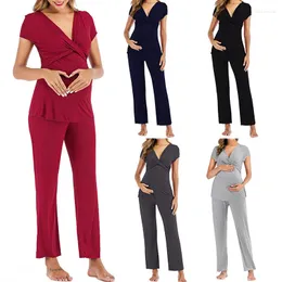 Women's Sleepwear V Neck Maternity Pajama Set Pregnant Women Short Sleeve Breastfeeding T-Shirt Adjustable Long Pants Pajamas Lounge