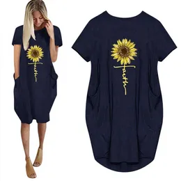 Robe d'été à manches courtes, imprimé tournesol, col rond, jupe avec poche