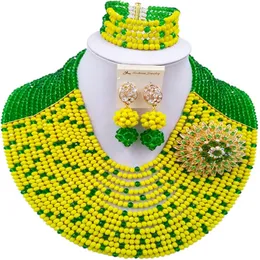 Earrings Necklace ACZUV Green and Yellow Beaded Jewelry Sets Nigerian Wedding African Beads 15C015 230110