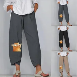 Calça masculina de verão feminino casual algodão solto e linho bordados de perna larga push up roupas menina ioga calça 2023
