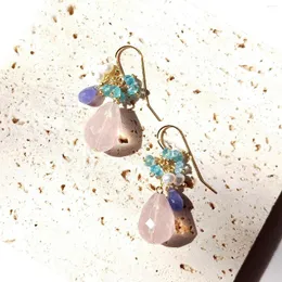 Brincos de Dangle Lii Ji Rose Quartz Tanzanita Apatite Pearl 14K Gold Gold Cheio de pedra natural Jóias artesanais para mulheres Presente