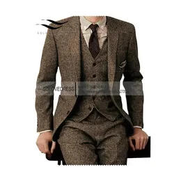 Mäns kostymer blazers bruna tweed män 3 stycken formell affärsdräkt set anpassade mjuka män brudgum bröllopsklänning blazer jackapantsvest 230111