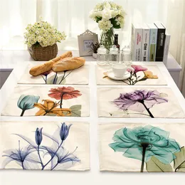 Esteiras de mesa 1 peça jogo americano de cozinha com padrão de flores 42 32 cm almofadas de jantar de linho de algodão tigela copo decoração de casa