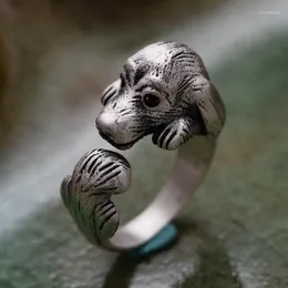 Cluster Rings S990 Silver Thai Jewelry Twelve Animals Teddy Dog Mosaic Artificial Red Zircon Lady's Opening Ring.