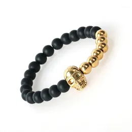 Charm Armband North Skull Armband Mens 8mm Black Stone Beads Elastic Bangle rostfritt stål Northskull för män IB-1441