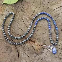 Hängen 8mm lapis och pendel snöflake obsidian japamala halsband meditation mala buddhist bön pärla 108 pärlor chakra