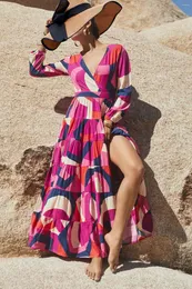 Casual Dresses Women Elegant Long Dress Geometric Print Sleeve V-Neck Contrast Color Fall Slit Swing for Beach Party