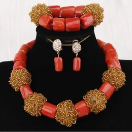 イヤリングネックレス4ujewelryオレンジアフリカンサンゴジュエリーセットビーズ女性ゴールドボールナイジェリアウェディング230110