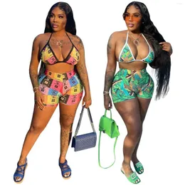 Women's Tracksuits Summer Print Sling Bikini Swimsuit Set Sexy Colorful Shorts 2-Piececs Beach Vacation Casual Two-Piece Stretch Women's