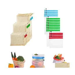 Storage Bags Reusable Cotton Mesh Grocery Shop Produce Ecofriendly Polyester Fruit Vegetable Hand Totes Home Bag Drop Delivery Garde Dhhz4