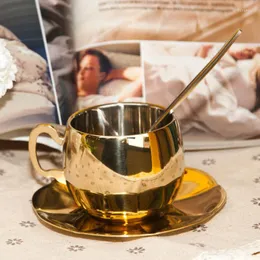 Koppar Saucers Dubbelskikt 304 Rostfritt stål Kaffekopp och guld Silver Espresso Mug Teacup Design Tazas de Cafe Home Drinking