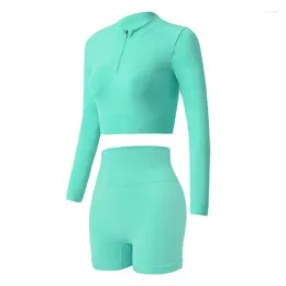 Active Sets WAREBALL Seamless Yoga Set High Waist Shorts And Long Sleeve Zipper Top Sportswear Gym Clothing For Women Fitness Suit