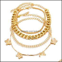 Anklets 패션 패션 Mtilayer Metal Butterfly Bracelet 세트 성명서 펑크 여성 기하학적 체인 매력 트렌드 보석 선물 1869 T2 Drop Del Dhldr