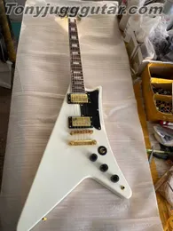 Moderne White 1958 Reissue Flying V Electric Guitar Boat paddle Gumby style headstock Dot Inlay Gold Hardware