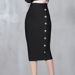 Gonne Estate Elegante Midi Matita Vita alta Bandgae Nero Fasciatura elastica Bottone Abbigliamento donna 230110