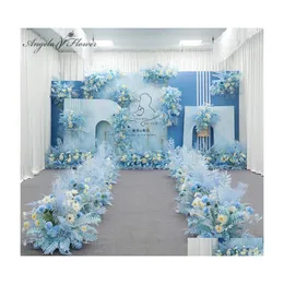 زهور الزهور الزهور أكاليل الأزرق سلسلة الزفاف الأزهار ترتيب زهرة الاصطناعية طاولة الطريق رود ر.