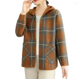 Women's Jackets High-Quality Women's Grid Coat 2023 Spring Autumn Fashion Plaid Jacket Short Casual Hooded Zipper Outerwear Mother Dress