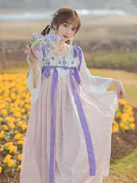 Sukienki swobodne sweetxue 2023 Summer Hanfu kobiety Chiński styl haftowany szyfonowy koronkowy wróżka fioletowa żeńska kobieca vestidos de fiesta