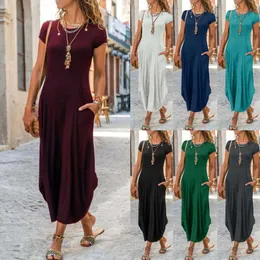 Long Dress Pullover Short Sleeve Round Neck Mid Waist Expansion Skirt Solid Color