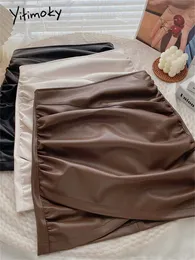 スカートYitimoky Leather Women Cross Folds Pu Mini Black Skirt Fall Fashion Kuragy Casual Coffee Gothic with Lining 230110