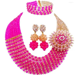 مجموعات مجوهرات الزفاف أزياء Fuchsia Pink Champagne Gold Ab African Set Crystal Beads Detive Dite Dity 8JBK07