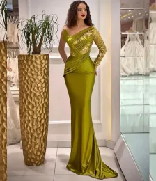 Appliques Dark Green Mermaid Prom Dresses One Long Sleeve V Neck Sequins Sparkly Floor Length Lace Satin 3D Lace Spliced Formal Evening Dresses Plus Size Custom Made