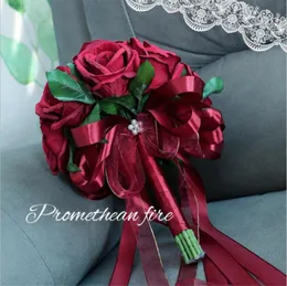 Hochzeitsblumen, rote künstliche Blumensträuße, Rosen-Brautband-Blumenstrauß De Mariage Bridal Demoiselle D Honneur